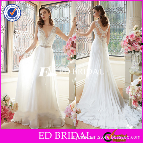 Boho Illusion Neckline Sleeveless Appliques Low Back Cheap Chiffon Wedding Dress